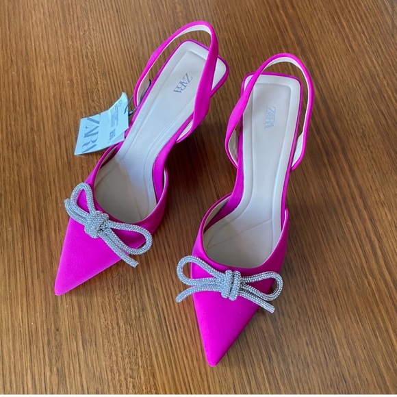 ZARA Fuchsia Pink Satin Embellished Crystal Bow Sling Back Heels - Picture 2 of 16